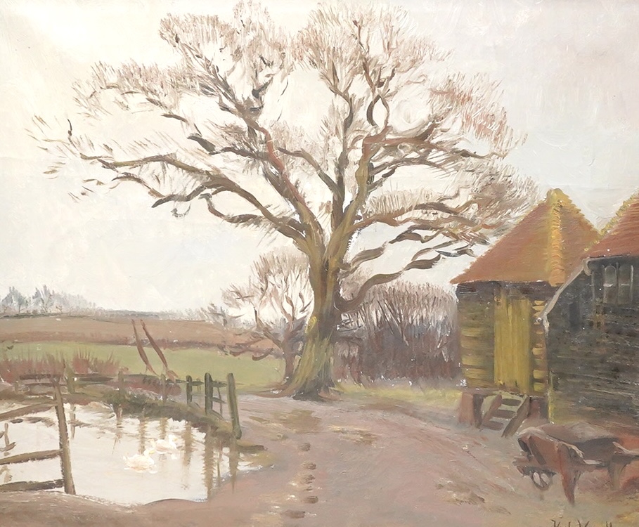 Hugh Verrell, Pond and farm buildings, signed, oil on canvas, 44 x 52cm